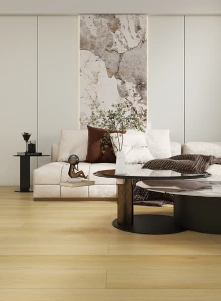 Wohnzimmer mit einer Akzentwand aus NordPaneele Wandpaneelen in Steinoptik